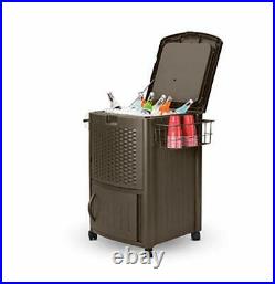 Suncast Wicker Outdoor Patio Cooler Cart with Cabinet, Java Brown
