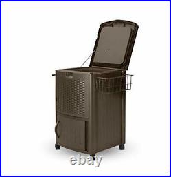Suncast Wicker Outdoor Patio Cooler Cart with Cabinet, Java Brown