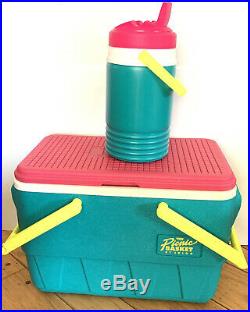 Vintage 90s IGLOO Picnic Basket Cooler Teal Pink Yellow Cooler Retro Water Jug