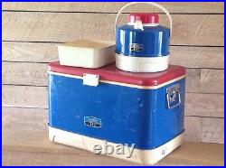 Vintage Metal Cooler Thermos SET Blue Red Ice Tray Jug One Gallon Plastic Spigot