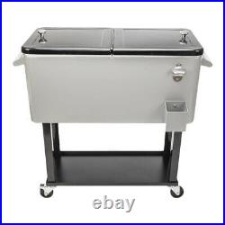 Warm Outdoor 80 Quart Rolling Patio Steel Party Cooler Cart Ice Chest Silver