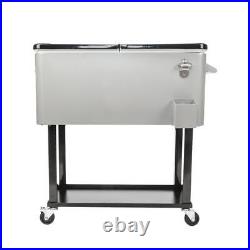 Warm Outdoor 80 Quart Rolling Patio Steel Party Cooler Cart Ice Chest Silver