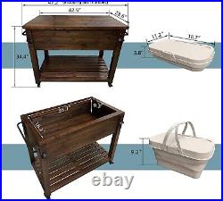 Wooden Patio Cooler with Wheels Ice Chest Portable Beverage Drink Rolling Cart
