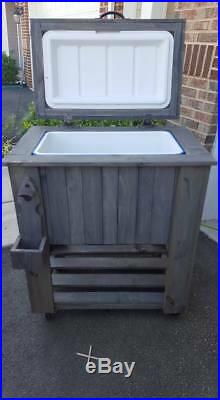 Wooden Rustic Cooler With Four Wheels and Spigot Weathered Gray